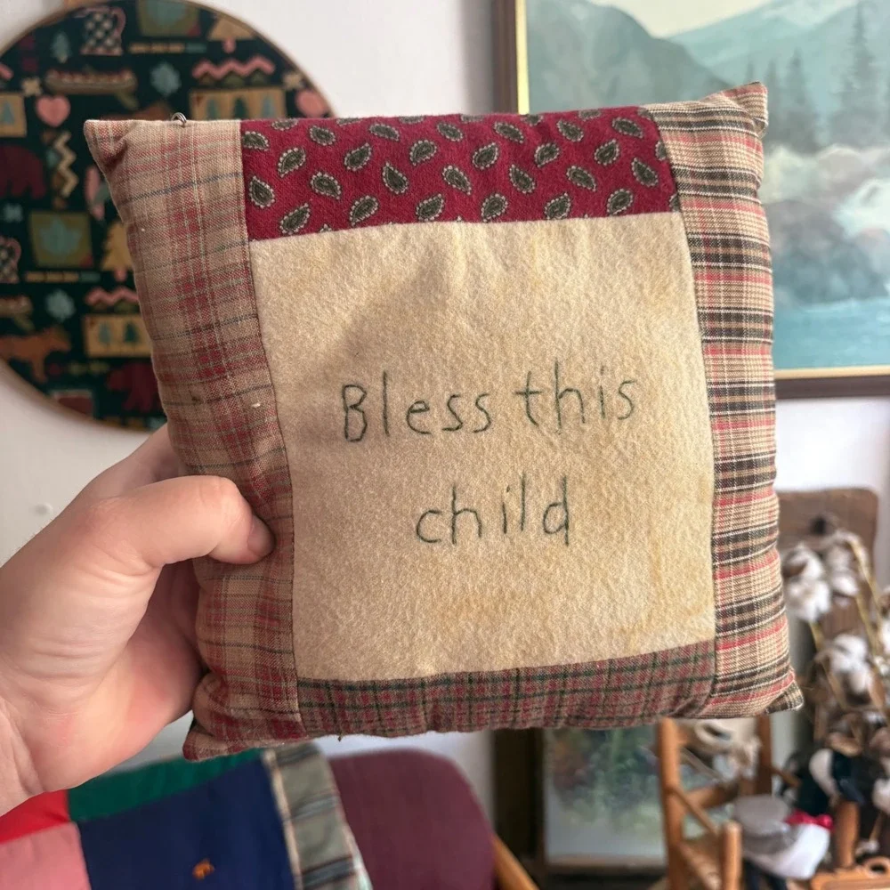 Handmade Bless This Child Patchwork Pillow Primitive Farmhouse Nursery Decor